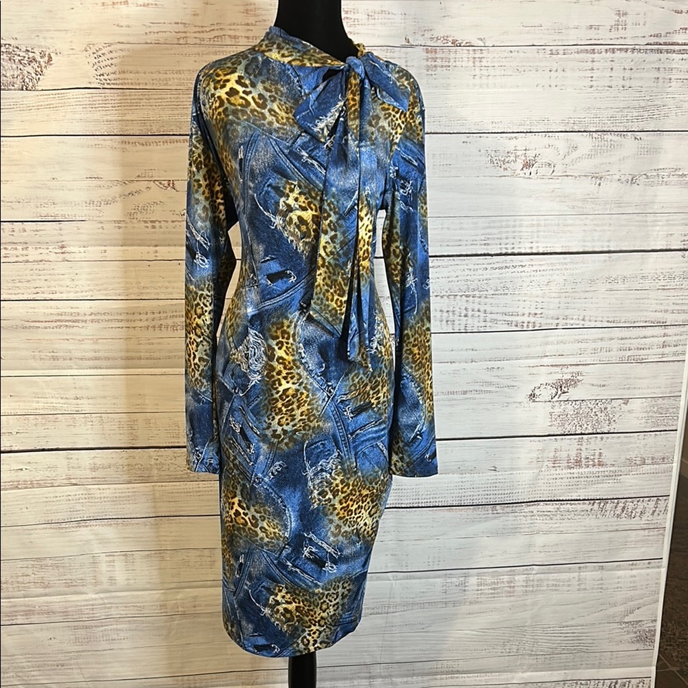 Fierce & Fun Leopard + Denim Print Bodycon Dress w/ Neck Tie – Statement Style!